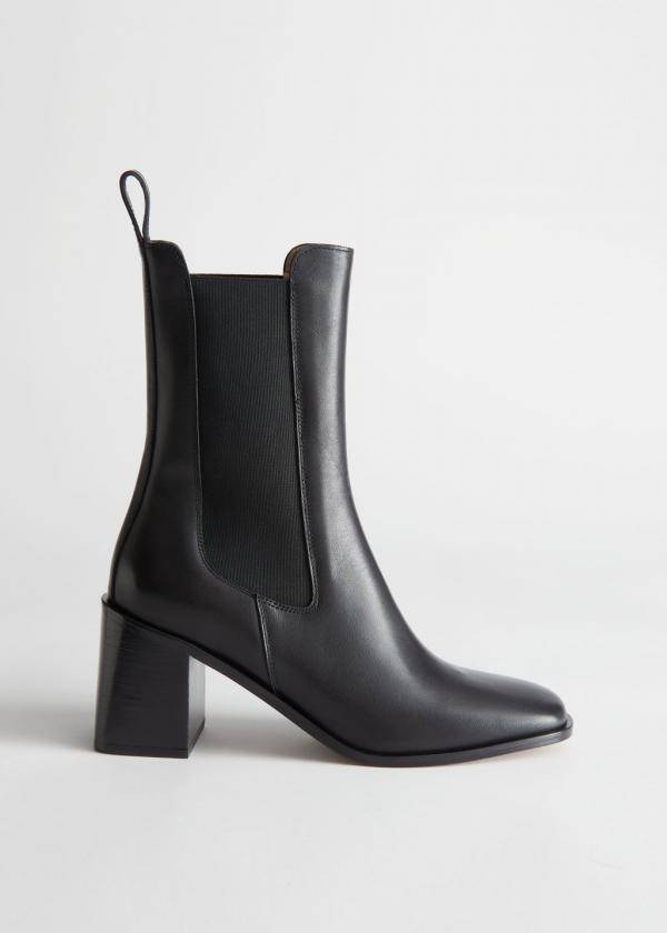 Heeled Leather Chelsea Boots - Black 