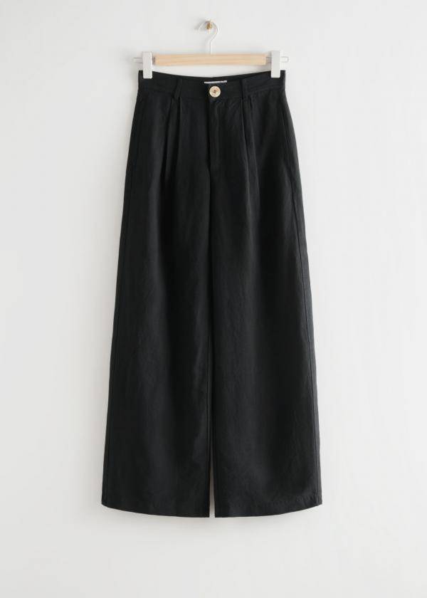 Wide High Waist Linen Trousers - Black 