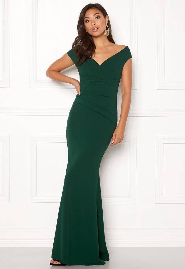 Goddiva Bardot Pleat Maxi Dress Emerald L (UK14) 