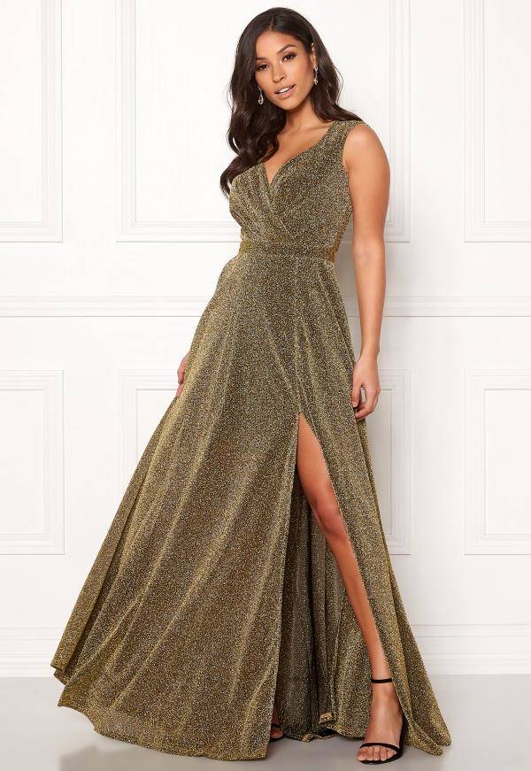 Goddiva Glitter Wrap Maxi Dress Gold XS (UK8) 