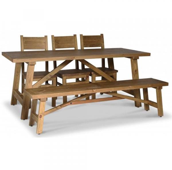 Woodforge matgrupp matbord med 3 st matstolar och bänk återvunnet trä 