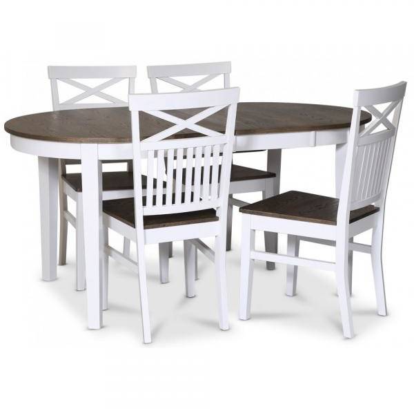 Skagen matgrupp matbord 160/210x90 cm - Vit / brunoljad ek med 4 st Skagen stolar med kryss, brun/Vit 