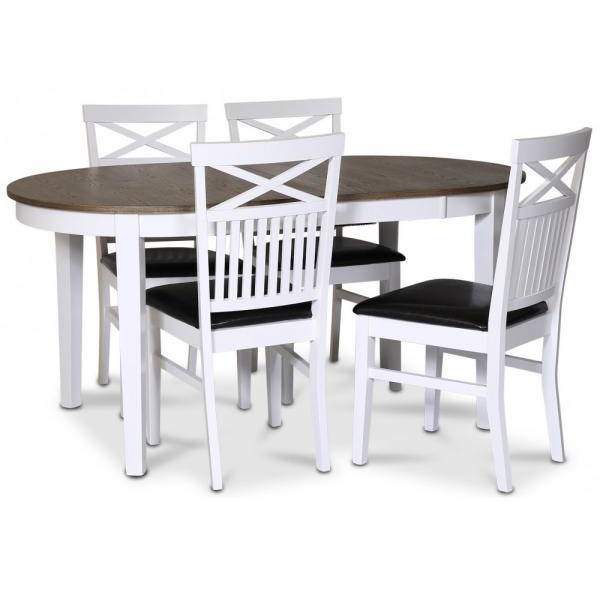 Skagen matgrupp matbord 160/210x90 cm - Vit / brunoljad ek med 4 st Fårö stolar med kryss, PU sits 