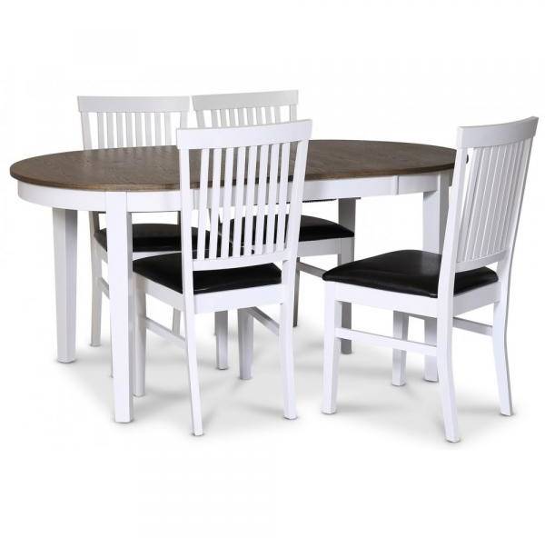 Skagen matgrupp matbord 160/210x90 cm - Vit / brunoljad ek med 4 st Fårö stolar med PU sits 