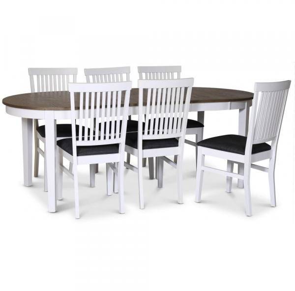 Skagen matgrupp matbord 160/210x90 cm - Vit / brunoljad ek med 6 st Fårö stolar med grå tygsits 