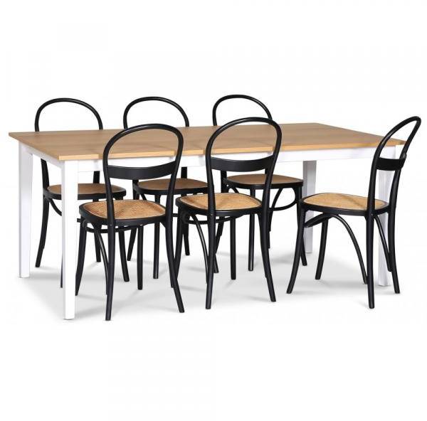 Fårö matgrupp matbord 180x90 cm - Vit / oljad ek med 6 st Danderyd No.16 stolar Svarta 