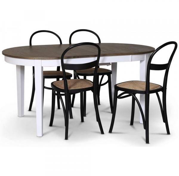 Skagen matgrupp matbord 160/210x90 cm - Vit / brunoljad ek med 4 st Danderyd No.16 stolar Svarta 