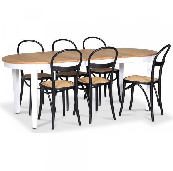 Fårö matgrupp Ovalt matbord 160-210 cm - Vit / Oljad Ek med 6 st Danderyd No.16 matstolar Svart 