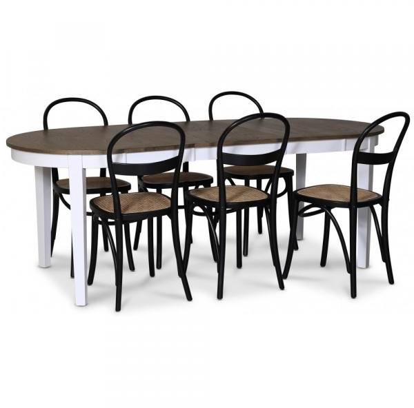 Skagen matgrupp matbord 160/210x90 cm - Vit / brunoljad ek med 6 st Danderyd No.16 stolar Svarta 