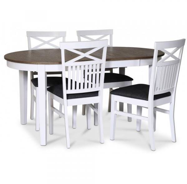 Skagen matgrupp matbord 160/210x90 cm - Vit / brunoljad ek med 4 st Skagen stolar med kryss, grått tyg 