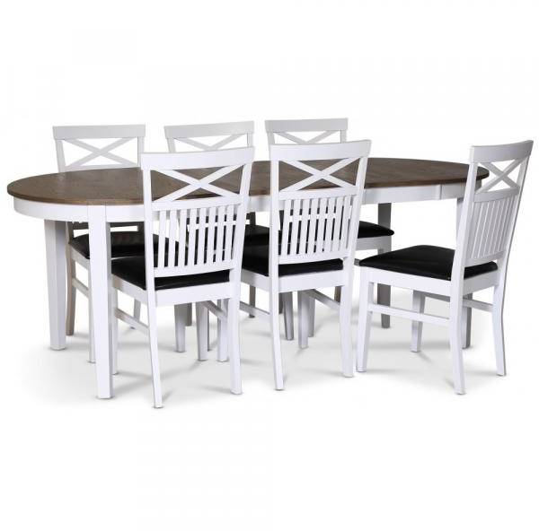 Skagen matgrupp matbord 160/210x90 cm - Vit / brunoljad ek med 6 st Fårö stolar med kryss i ryggen och svart PU-sits 