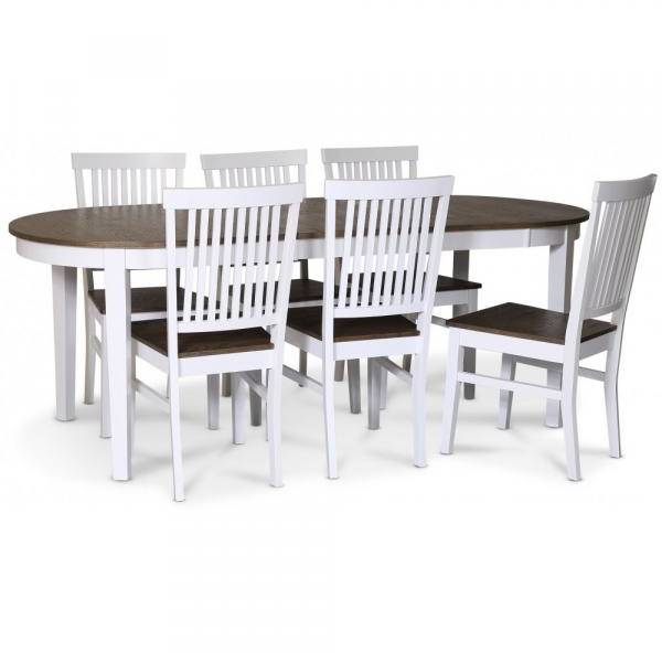 Skagen matgrupp matbord 160/210x90 cm - Vit / brunoljad ek med 6 st Skagen stolar med brun sits 