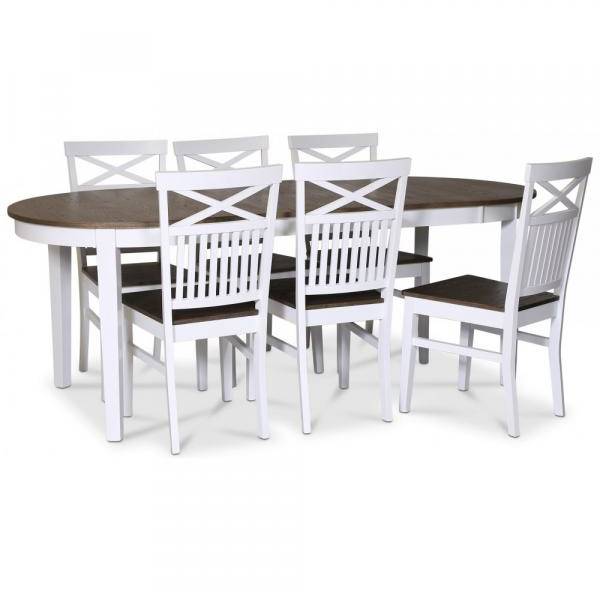 Skagen matgrupp matbord 160/210x90 cm - Vit / brunoljad ek med 6 st Skagen stolar med kryss i ryggen och brun sits 