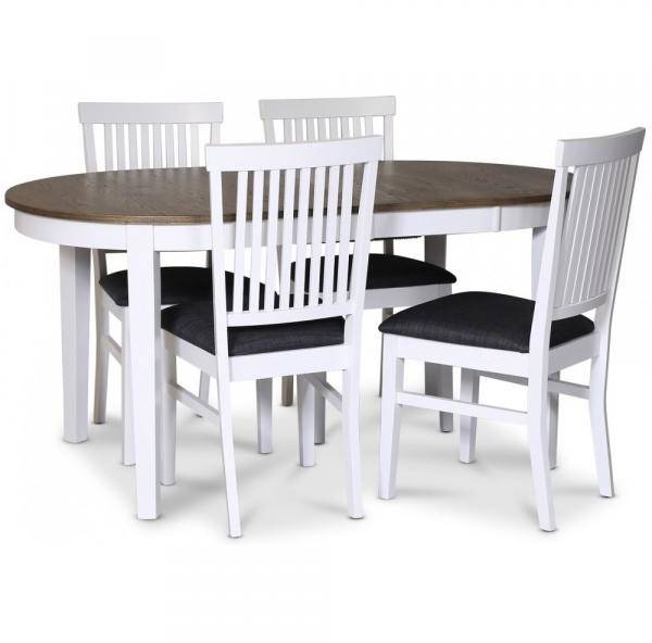 Skagen matgrupp matbord 160/210x90 cm - Vit / brunoljad ek med 4 st Fårö stolar med grå tygsits 