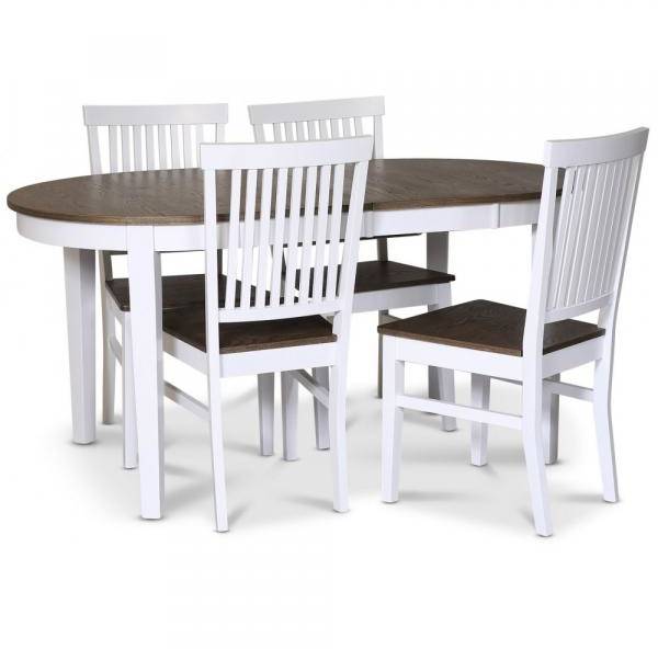 Skagen matgrupp matbord 160/210x90 cm - Vit / brunoljad ek med 4 st Skagen stolar brun/Vit 