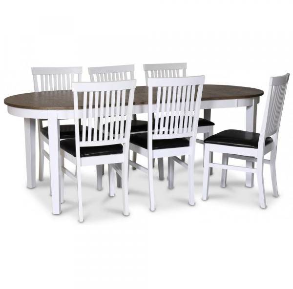 Skagen matgrupp matbord 160/210x90 cm - Vit / brunoljad ek med 6 st Fårö stolar med svart PU-sits 