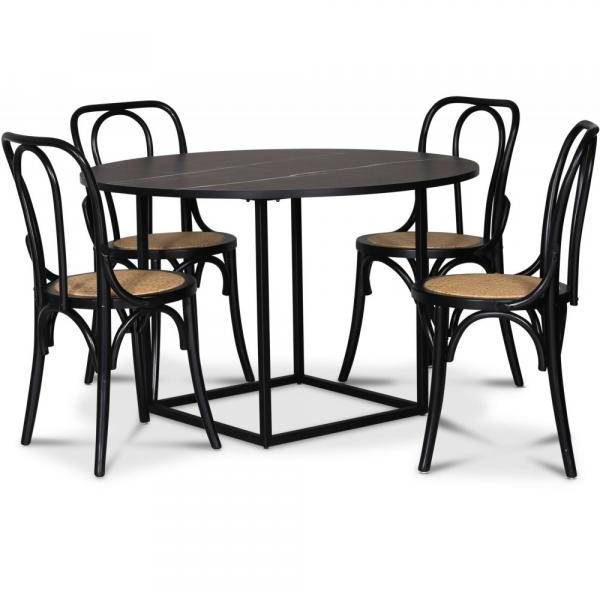 Sintorp matgrupp, runt matbord Ø115 cm inkl 4 st Samset böjträ stolar - Svart marmor 