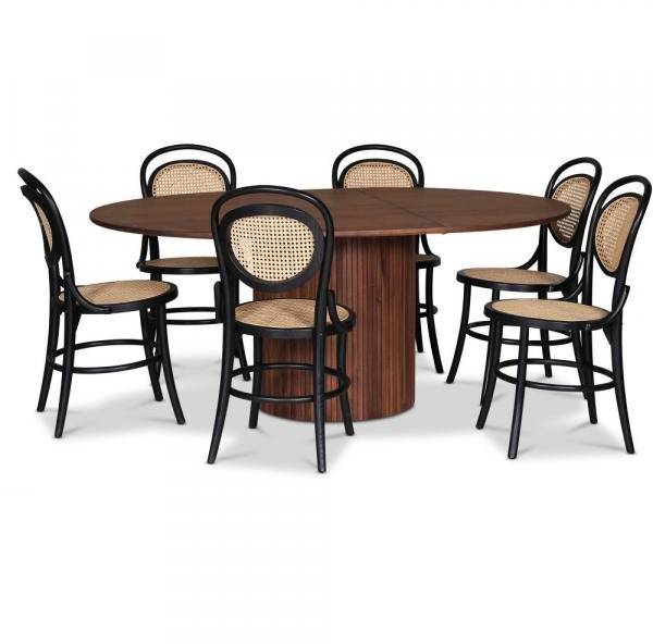 Nova matgrupp, förlängningsbart matbord Ø130-170 cm inkl 6 st svarta Alicia stolar böjträ - Valnöt 