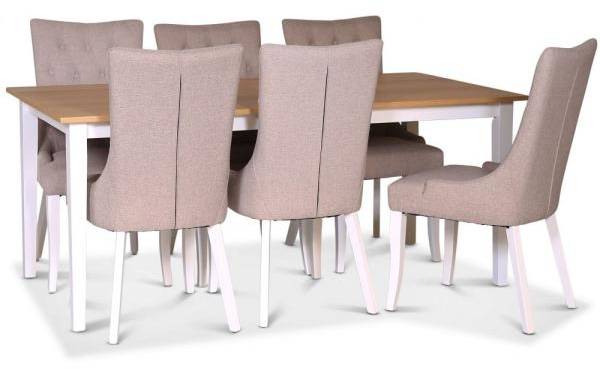 Fårö matgrupp 180 cm inkl. 6 st Saga beige stolar - Ek/vit 