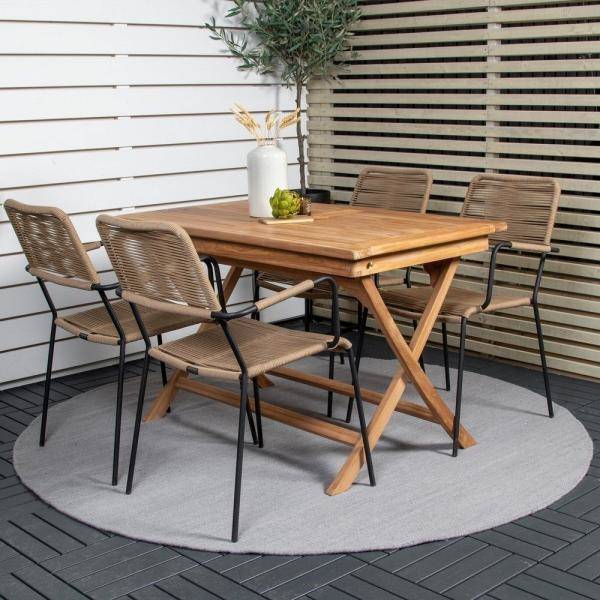 Kenya utematgrupp med 4 st Lindos stolar - Beige/Svart/Teak 