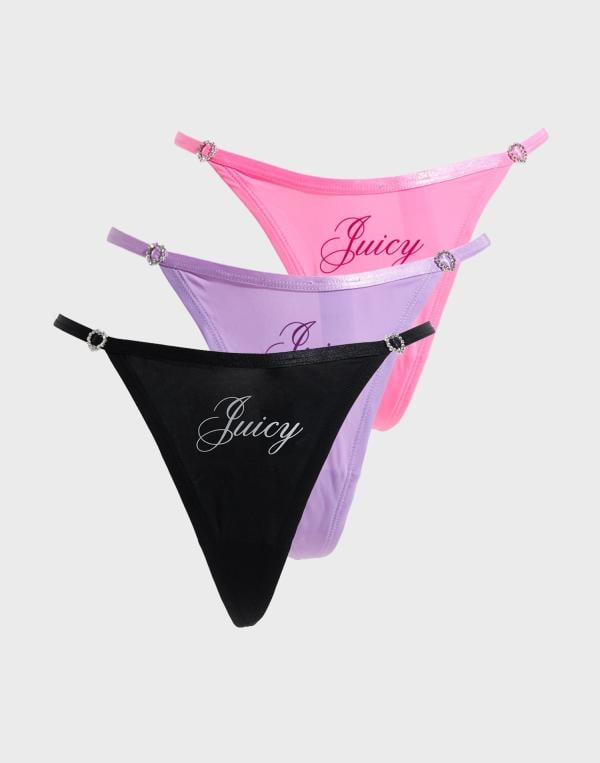 Juicy Couture - Lila - Microfiber Script Juicy Heart T-Bar Thong Multipack X3 