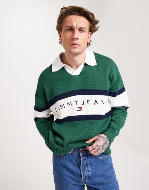 Tommy Jeans Tjm Rlx Trophy Neck Rugby Long sleeve button t-shirts Grön 