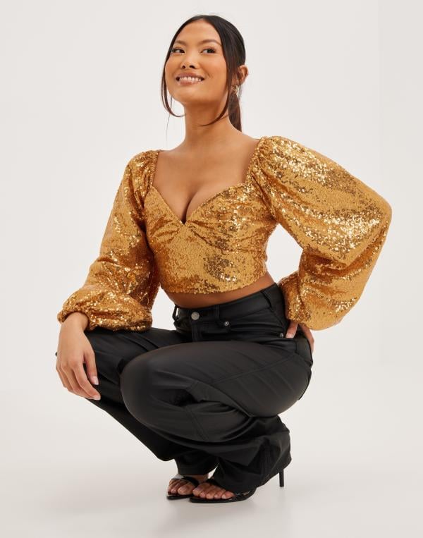 Nelly - Guld - Ruched Up Sequin Blouse 