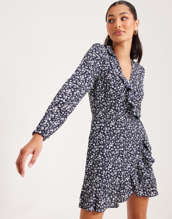 Only - Blå - Onlcarly L/S Wrap Short Dress Noos 