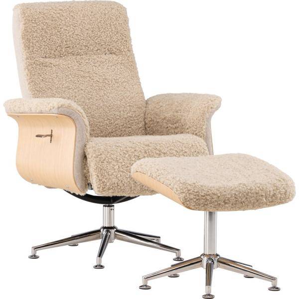 Hagön Reclinerfåtölj Med Fotpall - Beige Fårskinnsimitation/Oljad Ek + Textilrengöring För Möbler (Fåtöljer i kategorin Möbler)