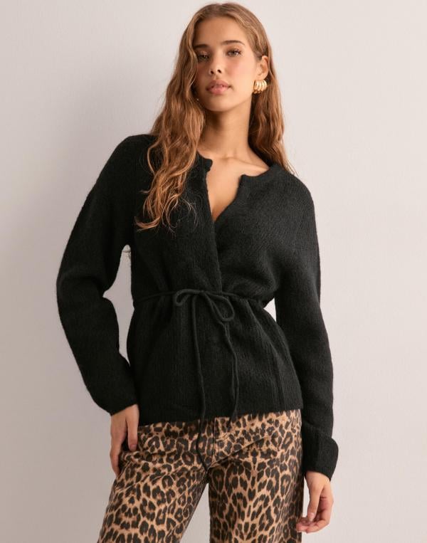 Selected Femme - Svart - Slfsia Ras Ls Knit Belt Cardigan 