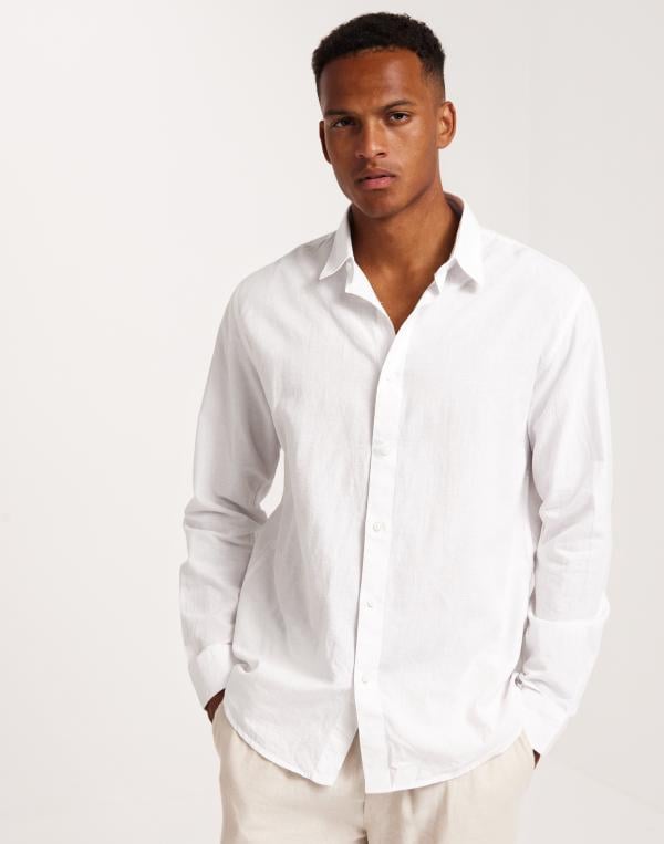 Selected Homme Slhregnew-Linen Shirt Ls Classic Gröna skjortor Vit 