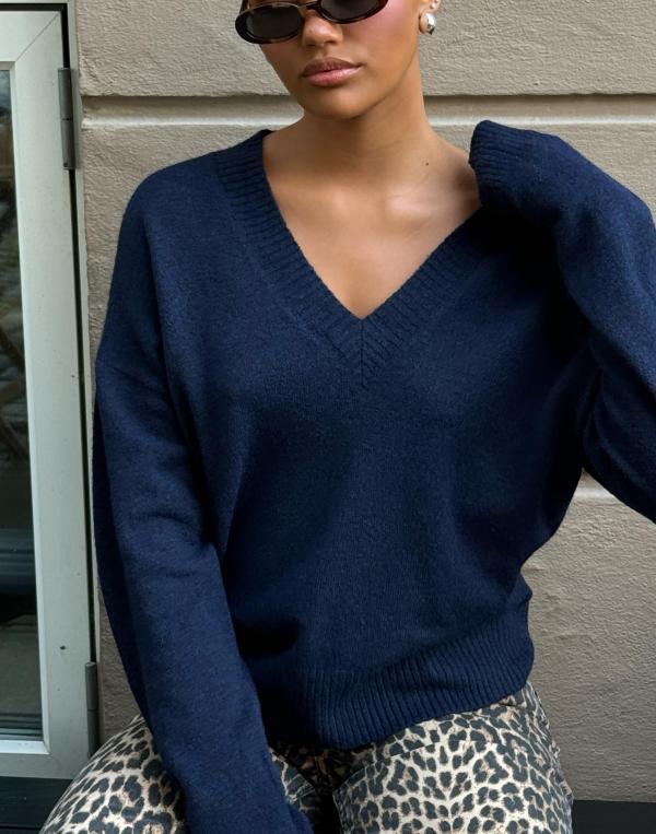 Nelly - Blå - V-neck Knit Sweater 