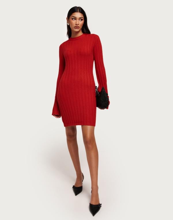 Nelly - Röd - Short Rib Knit Dress 