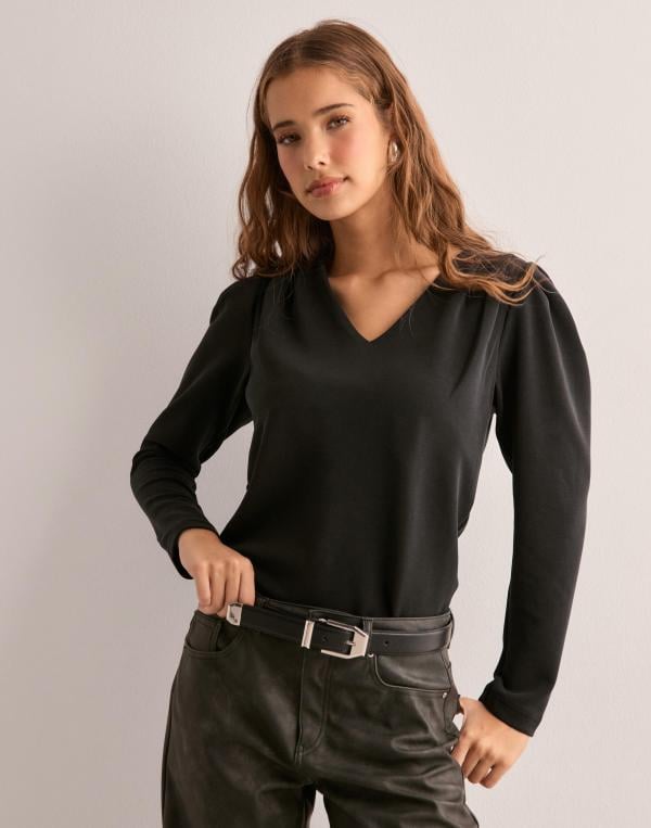 Selected Femme - Svart - Slffenja Ls V-Neck Top 