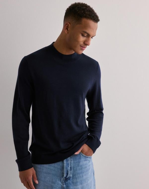 Selected Homme Slhtray Ls Knit Merino Mock Neck No Pullovers Blå 