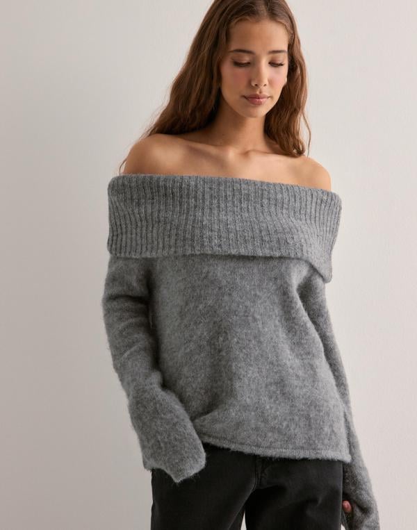 Pieces - Grå - Pcpam Ls Off Shoulder Knit Bc 