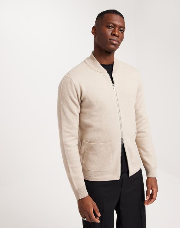 Selected Homme Slhreason Ls Knit Boiled Wool Zip W Tröjor med dragkedja Beige 