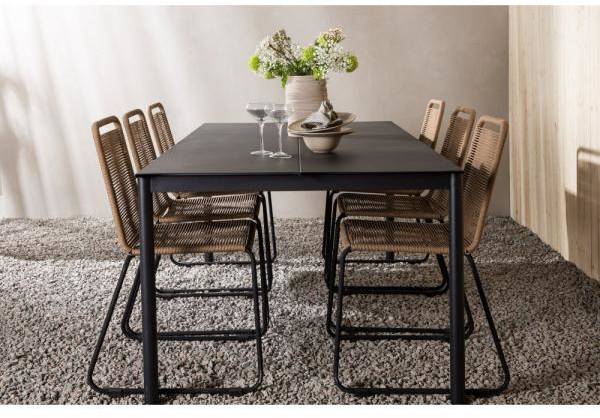 Modena utematgrupp med 6 st Lindos stapelbara stolar - Svart/Latte 