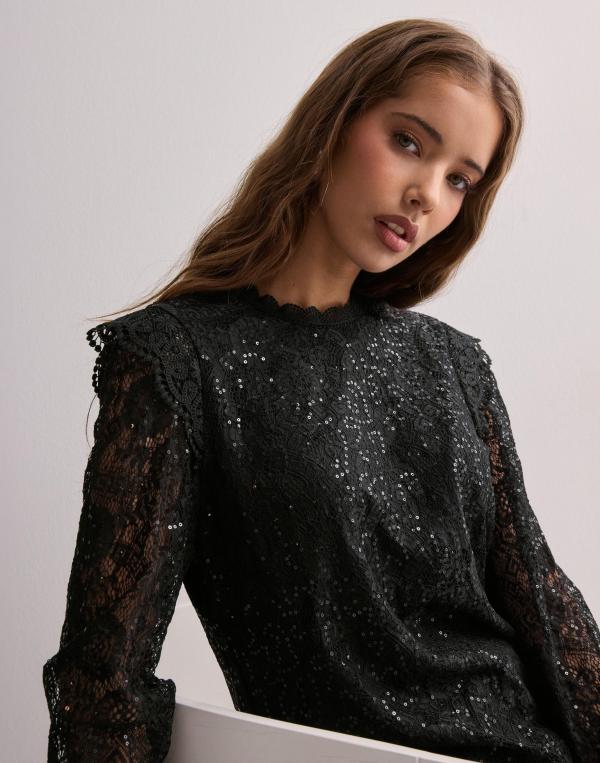 Pieces - Svart - Pcolline Ls Lace Sequins Top Noos 