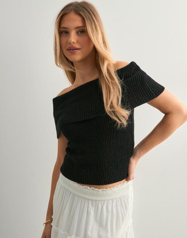 Nelly - Svart - Slouchy Neck Knit Top 