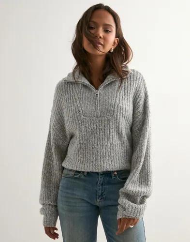 Nelly - Grå - Rib Zip Knit Sweater 