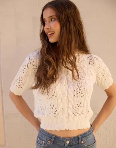 Nelly - Vit - Short Sleeve Pointelle Knit Top 