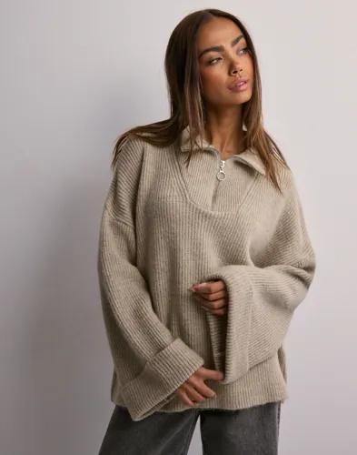 Only - Beige - Onlmette Ls Highneck Zip Ex Knt 