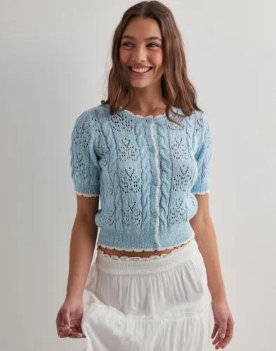Nelly - Blå - Short Sleeve Pointelle Knit Top 