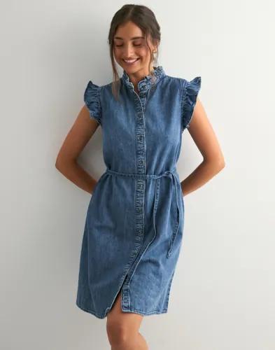 Only - Blå - Onlshania S/L Frill Dnm Dress Akm 