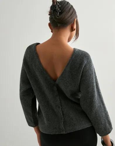 Nelly - Grå - Back V-neck Knit Cardigan 