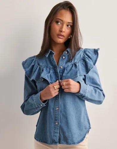 Only - Blå - Onlindigo Ls Frill Dnm Shirt Qyt No 