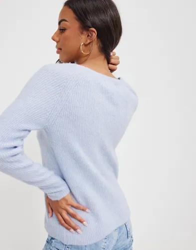 Pieces - Blå - Pcellen Ls V-Neck Knit Noos Bc 
