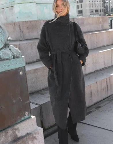 Nelly - Grå - High Collar Belted Coat 