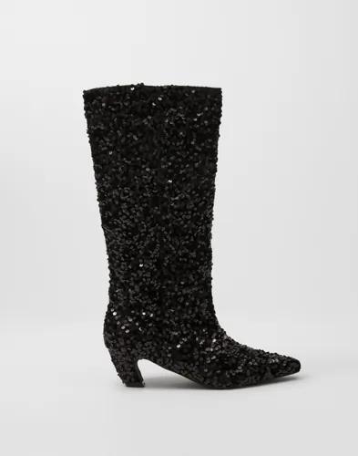 Nelly - Svart - Curved Under Knee Glitz Boot 